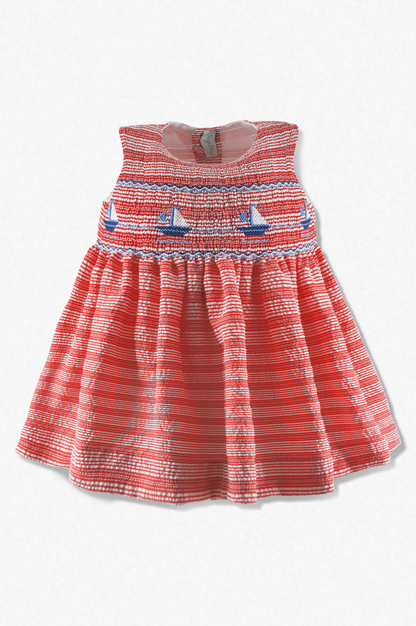 20114-Smocked Sailboats Seersucker Baby Girl Sleeveless Dress