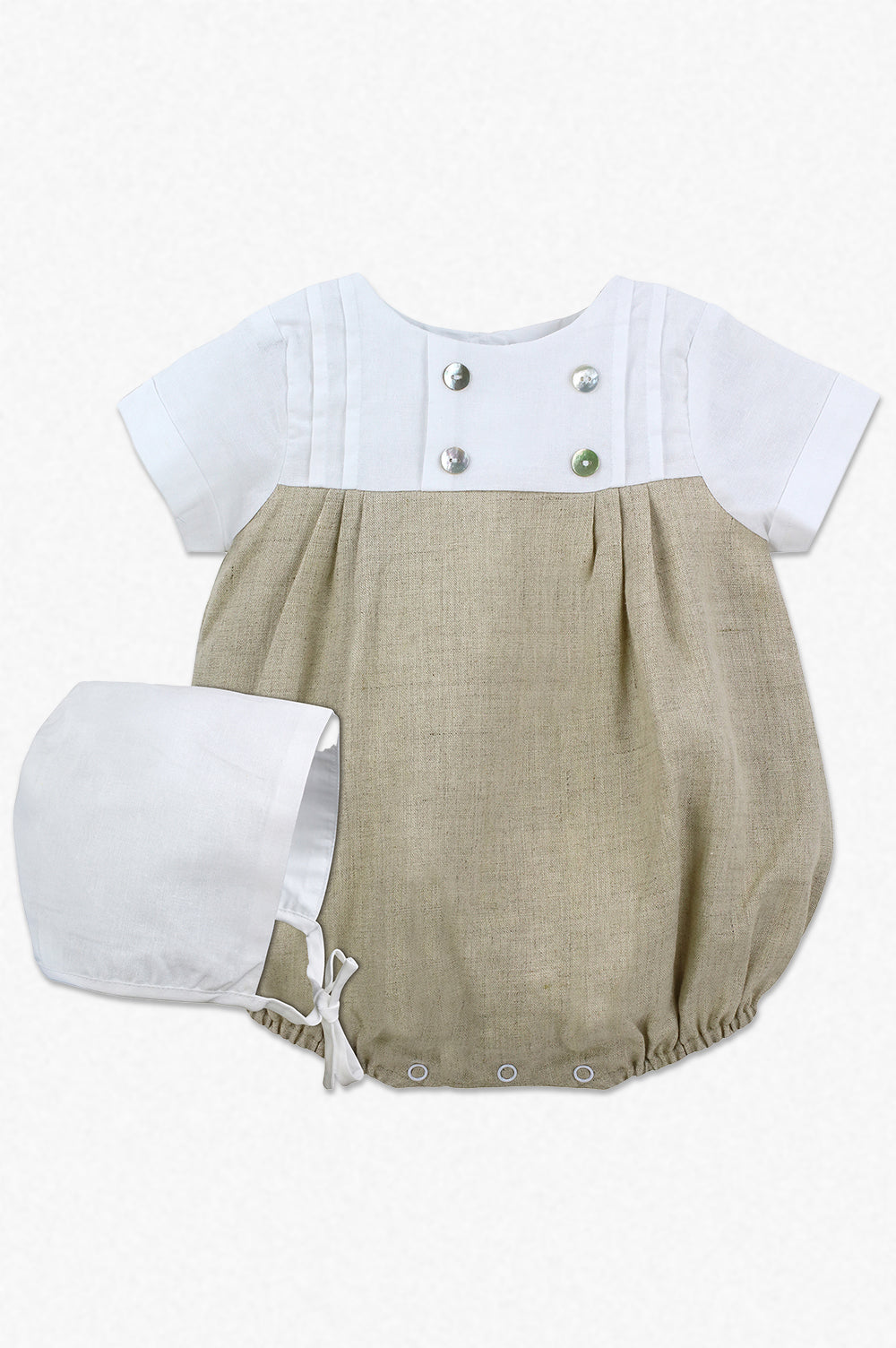 Tan Tuck Baby Boy Bubble Romper with Bonnet