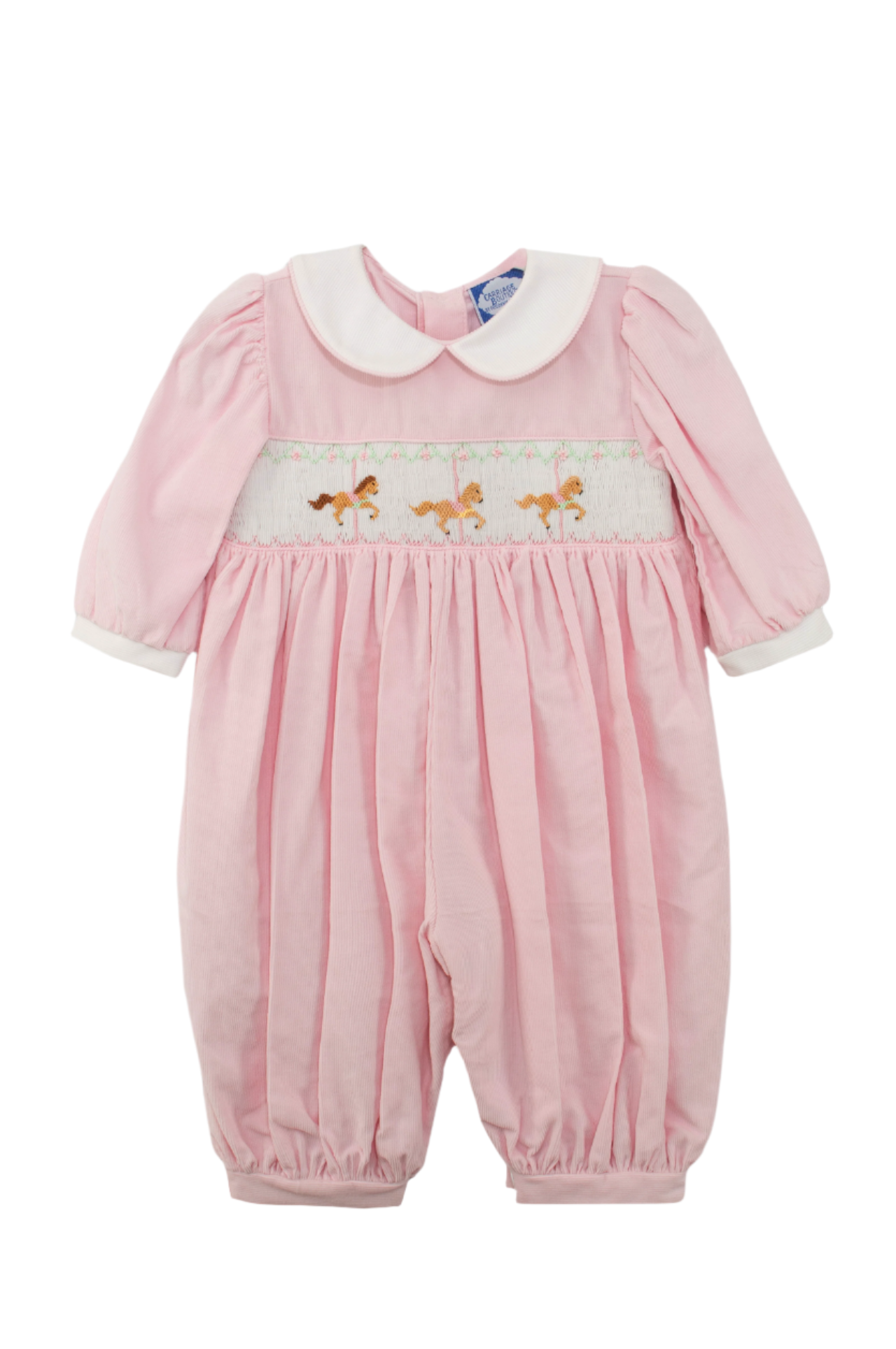 Pink Long Sleeve Baby Girl Romper with Smocked Horses