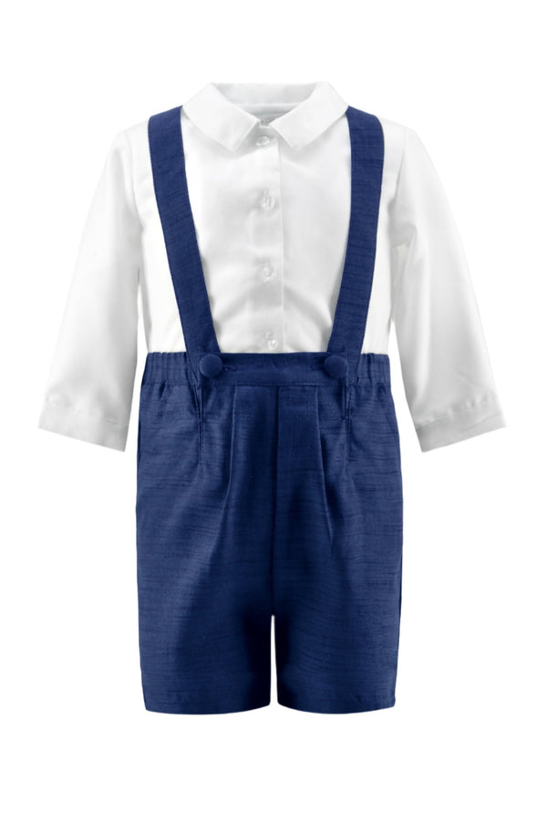 Silk Navy Baby Boy Suspender Shorts Set