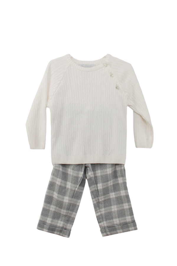 White & Gray Heathered Plaid Baby Boy Pant Set