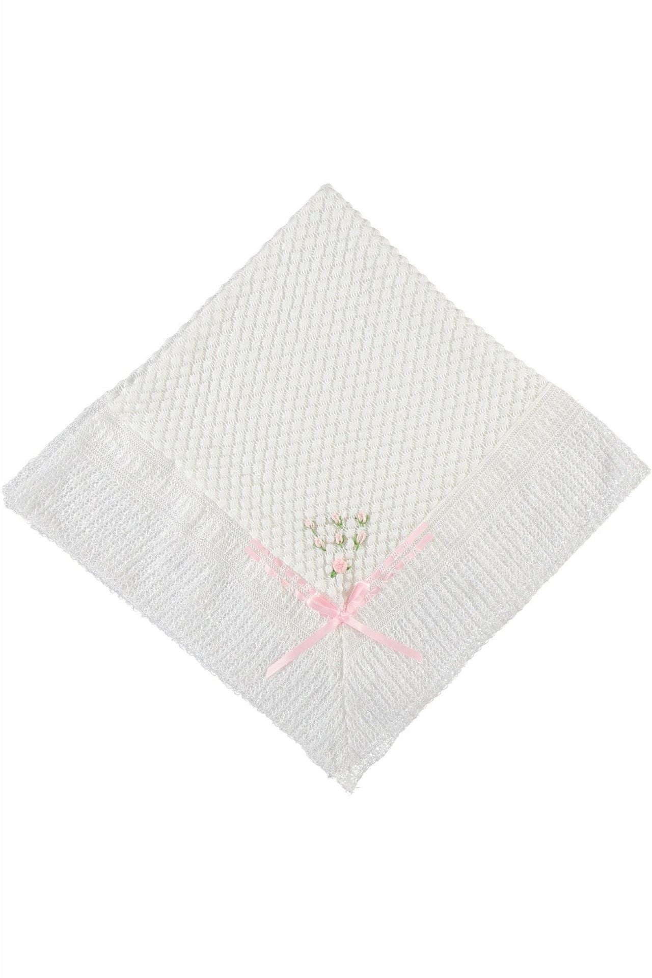 Julius Berger Belgium Lace Rosebud Baby Blanket with Pink Ribbon - Imagewear