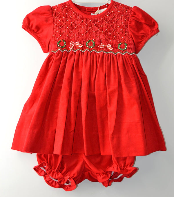 Wholesale Red Smocked Corduroy Baby Girl Short Sleeve Dress With Panty