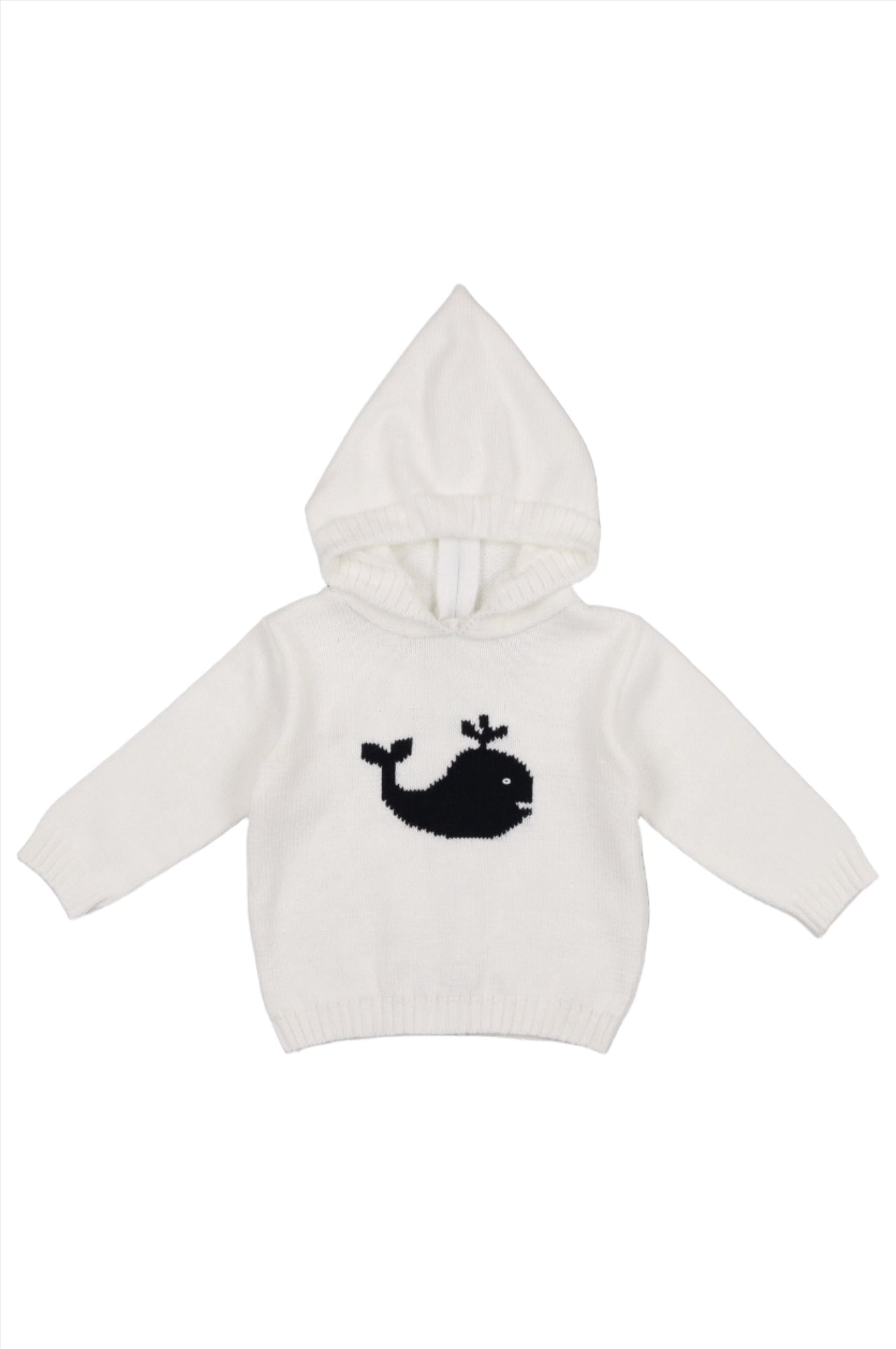 Smocked Whale White Hooded Zip Back Baby & Toddler Sweater