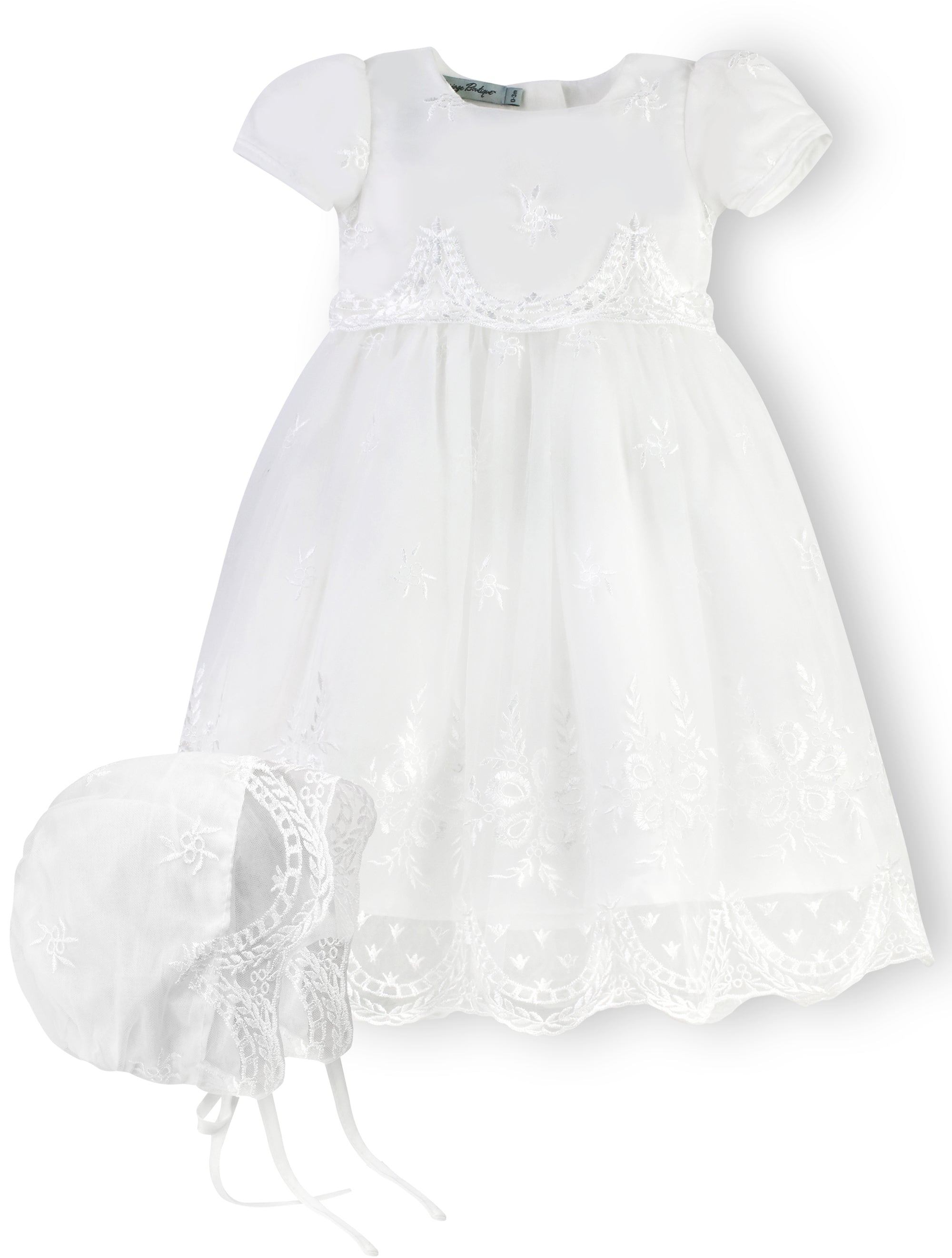 Baby Girls White Princess Lace Gown - with Matching Bonnet