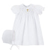 Baby Girls Christening & Baptism Smocked Gold Cross Bishop Dress with Bonnet