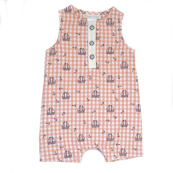 Sleeveless Nautical Boats Romper Pink - Imagewear